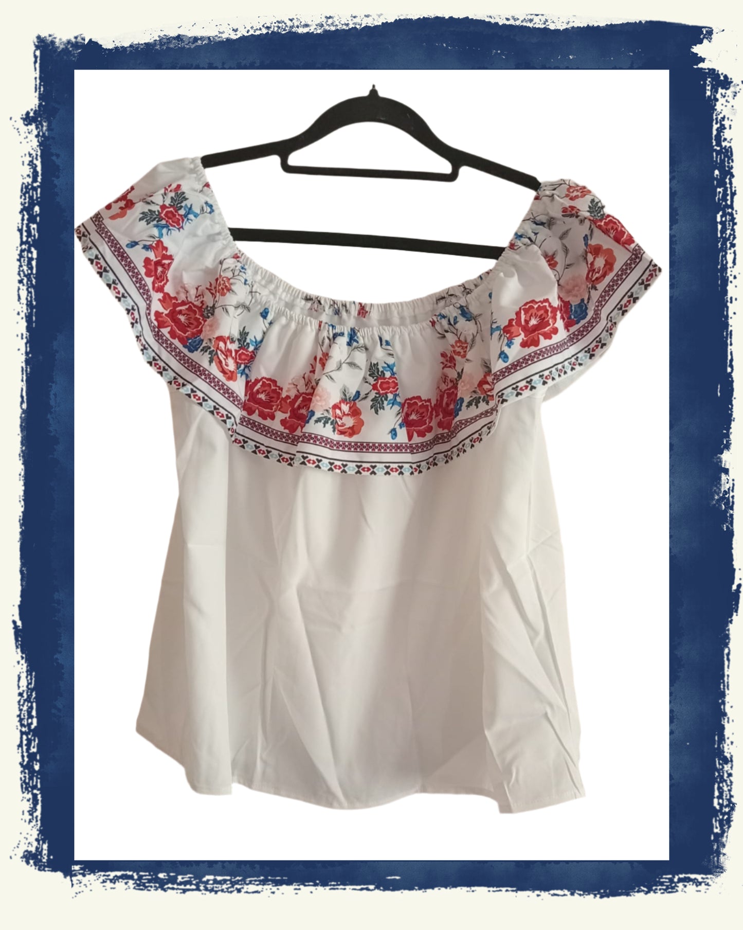 White Bardot Style Top with Floral Frill