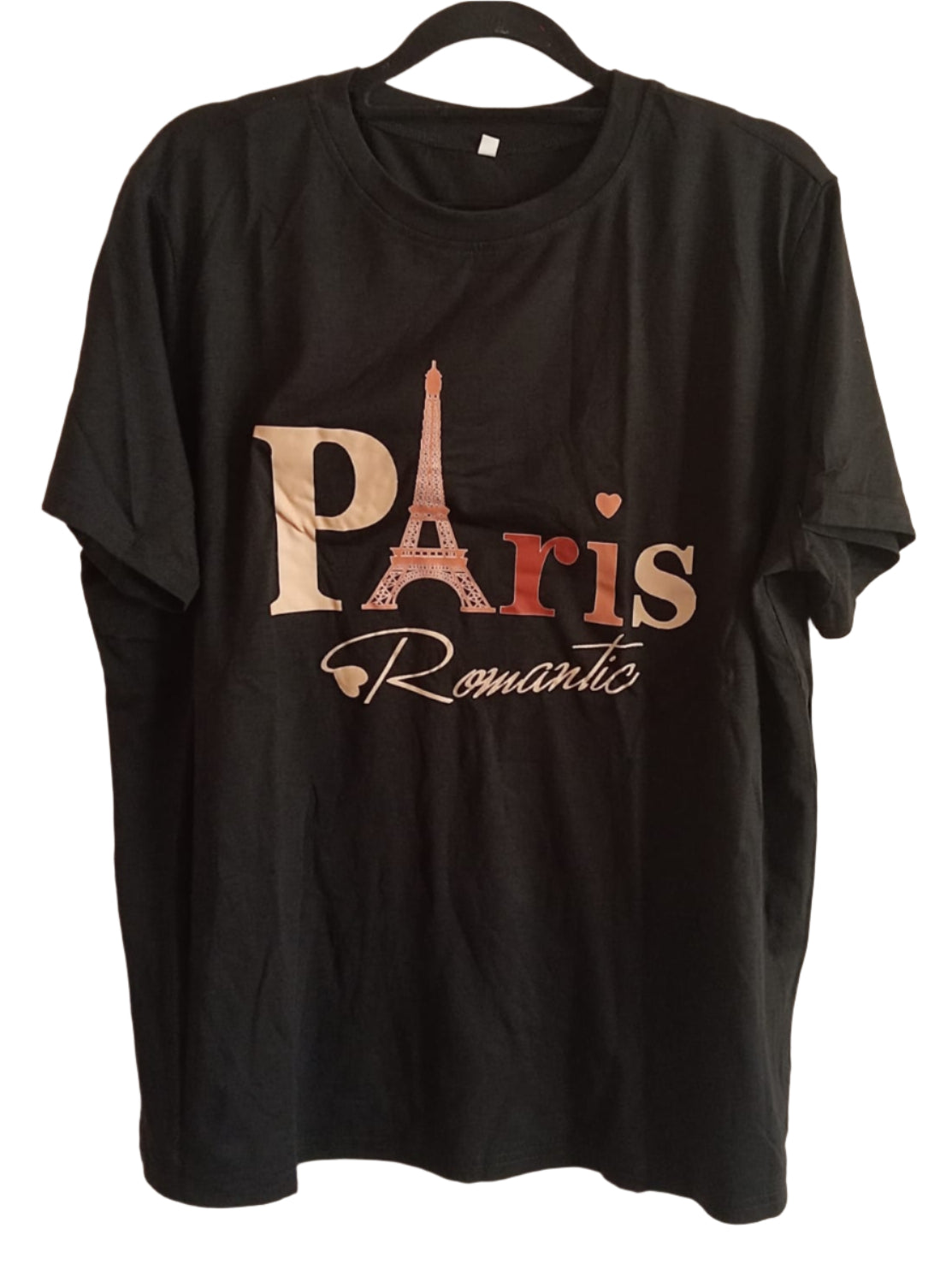 Black T-Shirt with Romantic Paris Slogan and Eiffel Tower