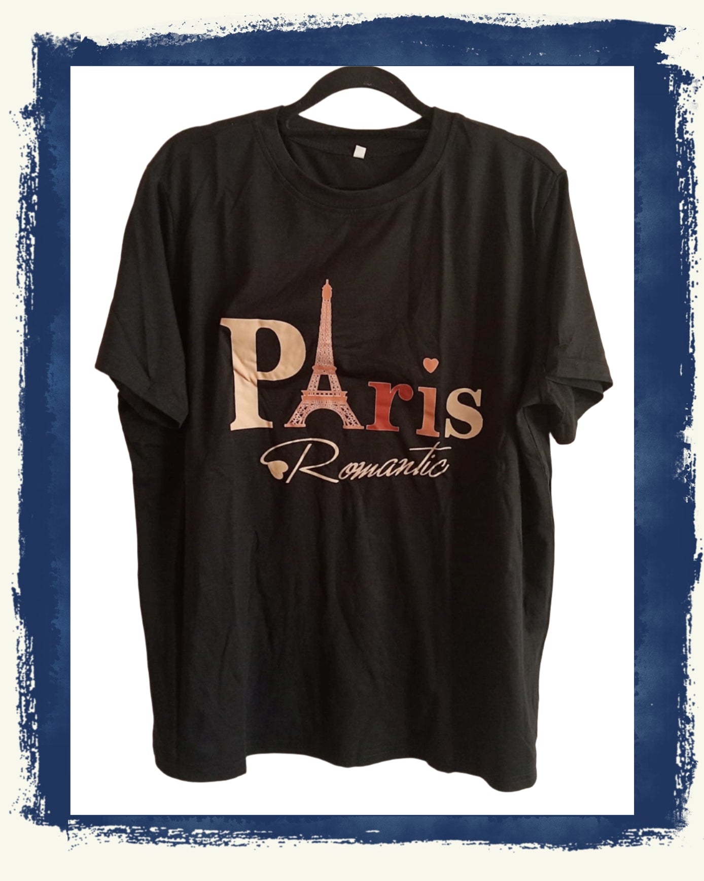 Black T-Shirt with Romantic Paris Slogan and Eiffel Tower