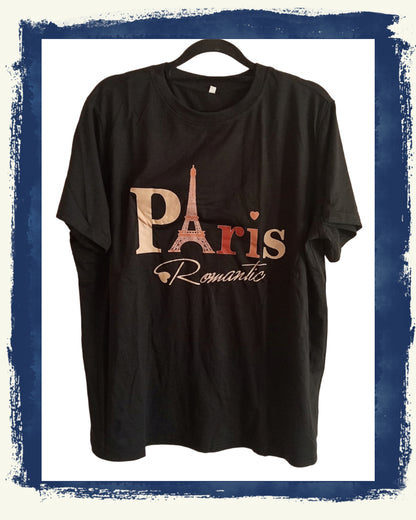 Black T-Shirt with Romantic Paris Slogan and Eiffel Tower