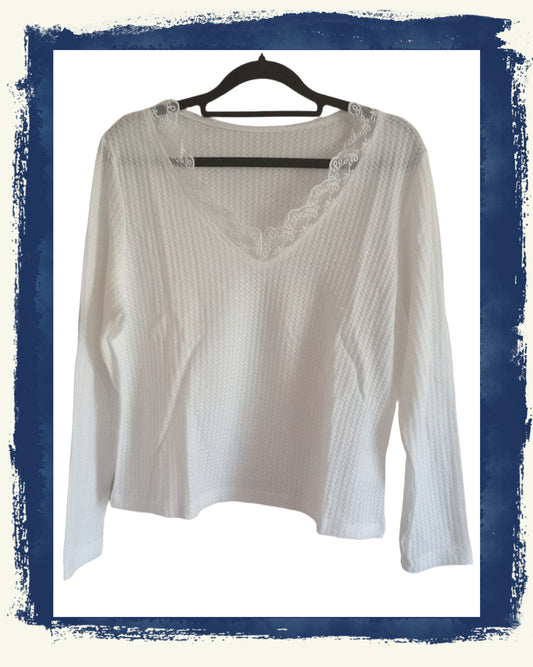 Cream Long Sleeve Waffle Texture T-Shirt with Lace Trim V Neck