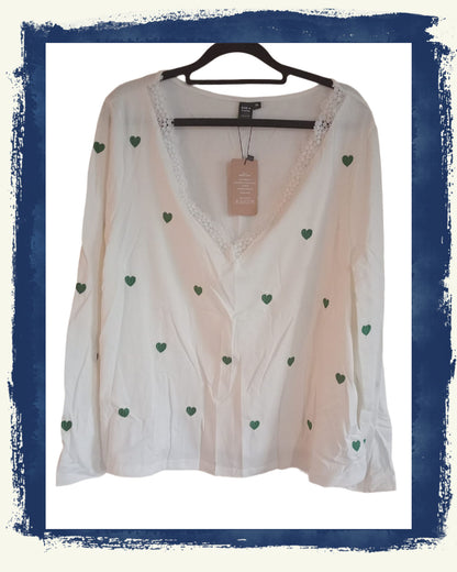 White T Shirt with Embroidered Green Hearts and Lace Trim