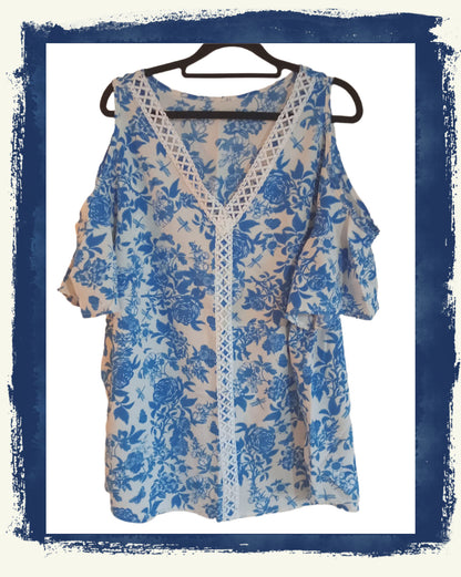 Blue Floral Cold Shoulder Top with Lace Trim