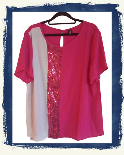 Hot Pink Blouse with White and Sequin Panel Detail