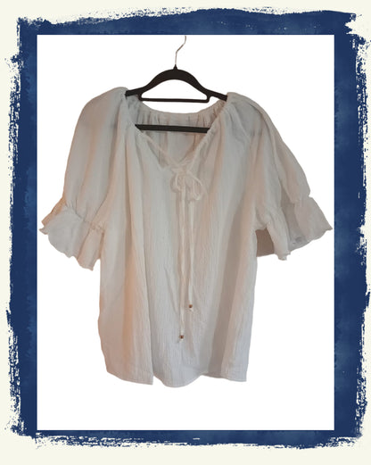 White Gypsy Style Top with Tie Neck