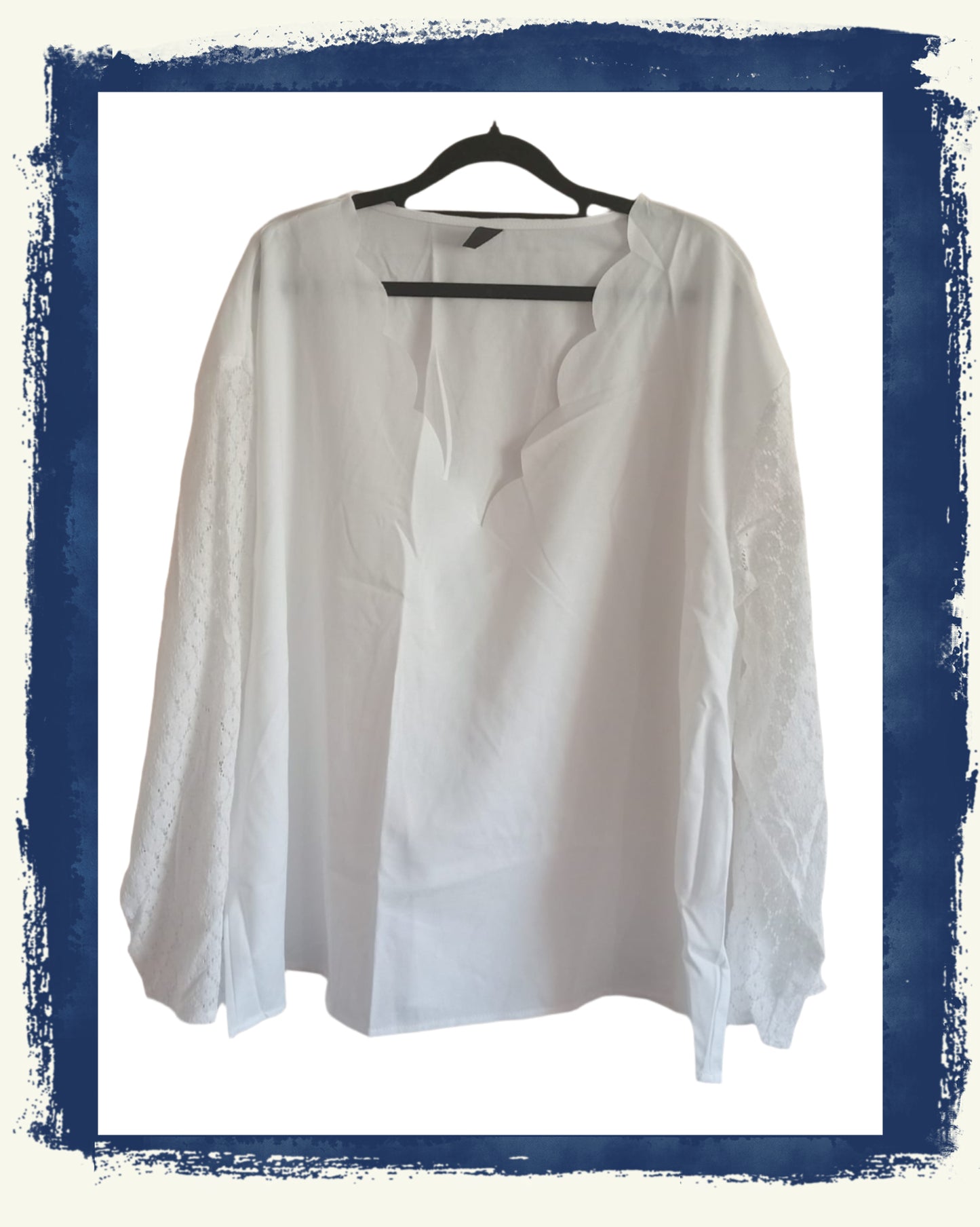 White Scalloped Neckline Blouse with Lace Sleeves