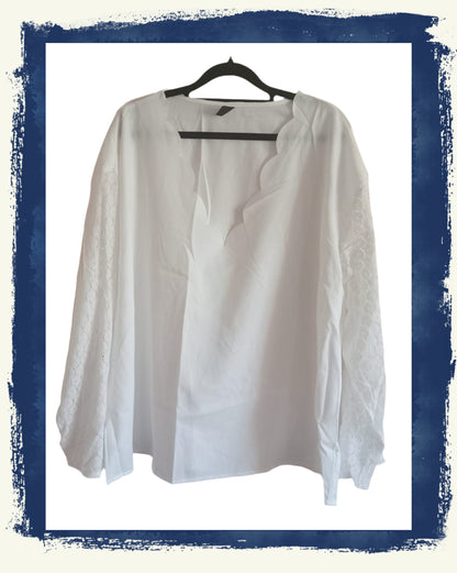 White Scalloped Neckline Blouse with Lace Sleeves