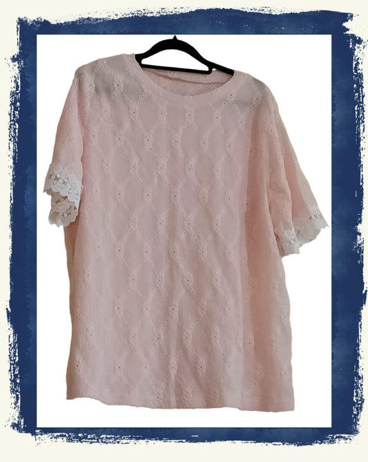 Pink Eyelet Embroidery T Shirt with Lace Sleeve Detail