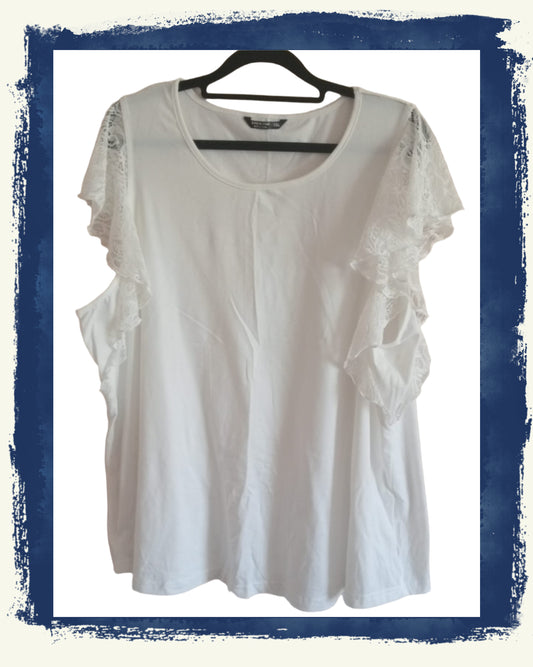 Cream T-Shirt with Lace Ruffle/Butterfly Sleeves