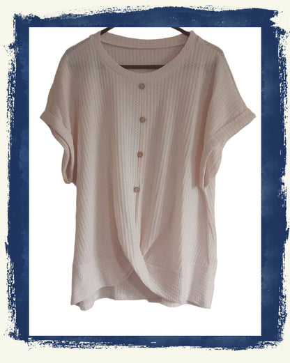 Cream Waffle Twist Front Short Sleeve Top