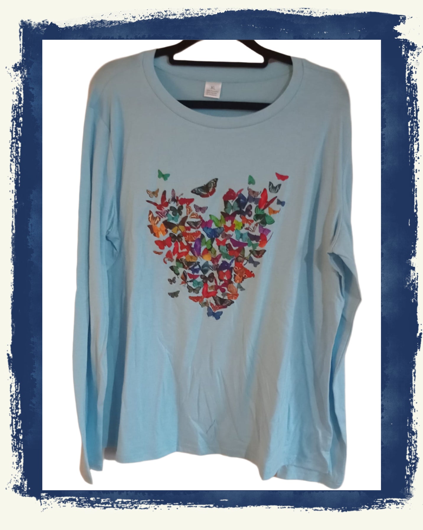 Blue Long Sleeve T Shirt with Butterfly Heart Print