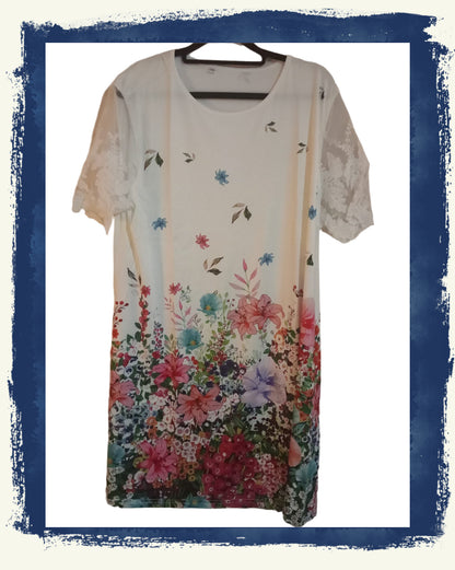 Floral Print Dress with Lace Sleeves