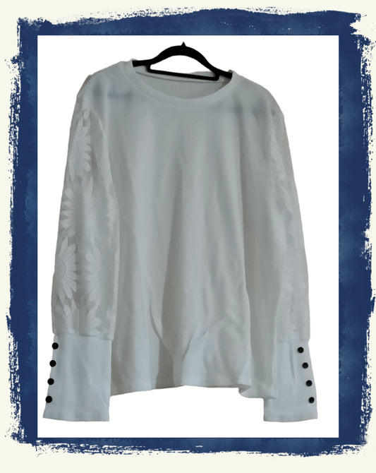 White Top with Lace Sleeves and  Button Detail on Cuffs