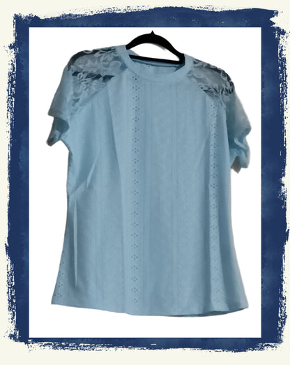 Blue Eyelet Embroidery Lace Raglan Sleeve T Shirt