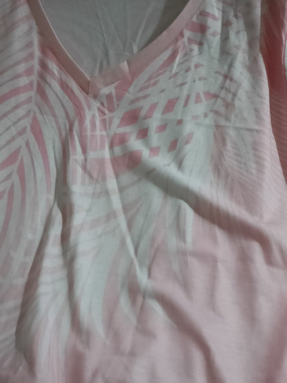 Pink Long Sleeve V Neck T Shirt with Palm Frond Design