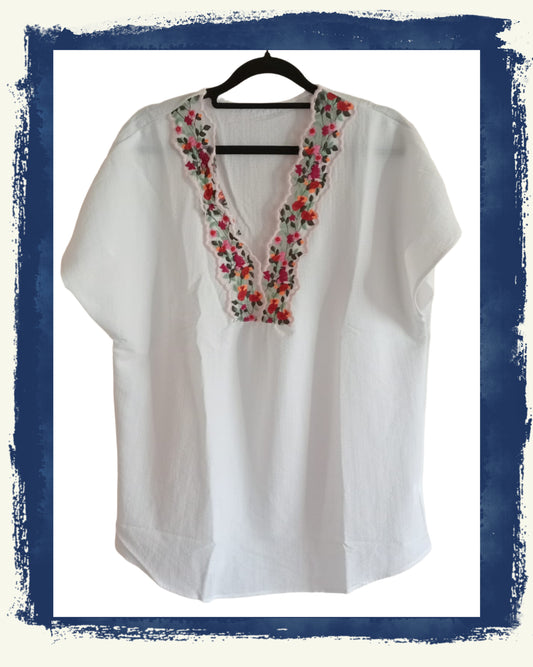 White Textured Short Sleeve Top with Embroidered Floral Lace Trim