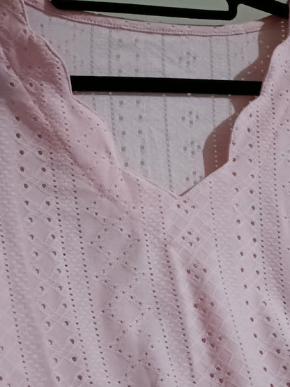 Pink Scallop Neck Eyelet Embroidery Top with Curved Hem