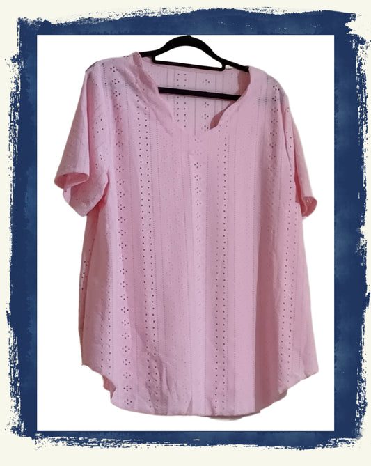 Pink Scallop Neck Eyelet Embroidery Top with Curved Hem