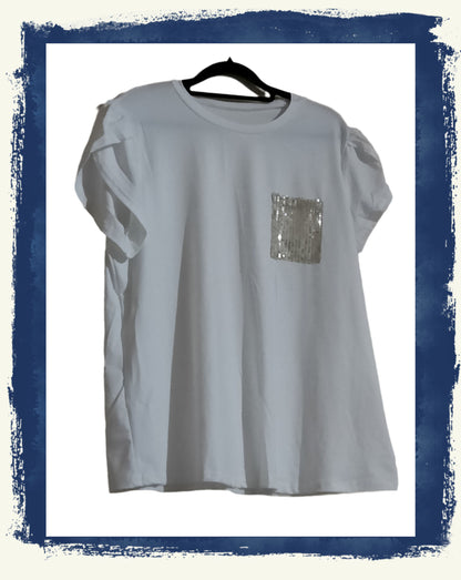 Petal Sleeve T Shirt with Sequin Front Pocket
