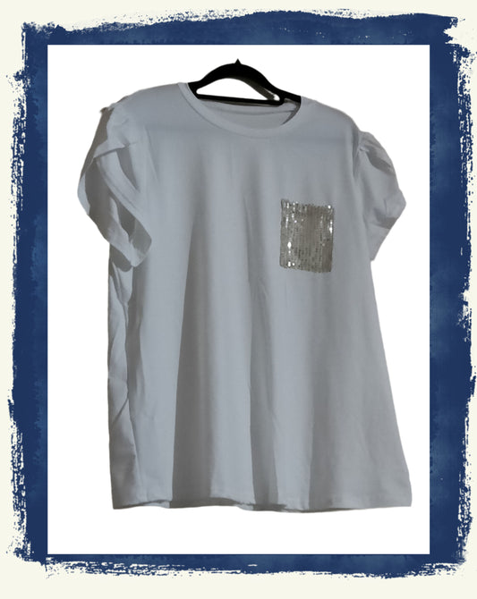 Petal Sleeve T Shirt with Sequin Front Pocket