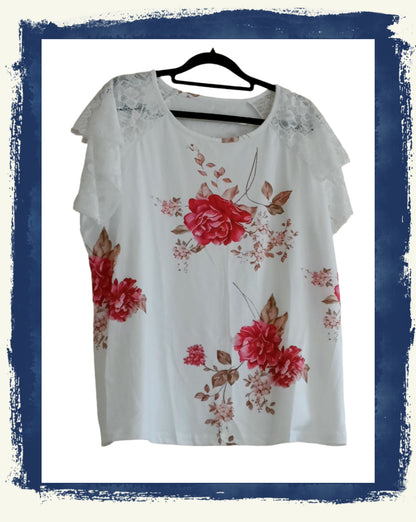 White Lace Raglan Sleeve Top with Red Flower Print
