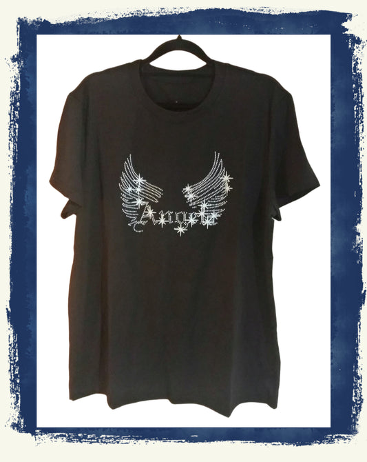Black T-Shirt with Angel Wings Graphic