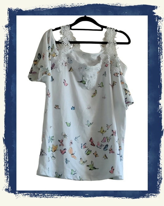 Butterfly Print Cold Shoulder Top with Lace Straps