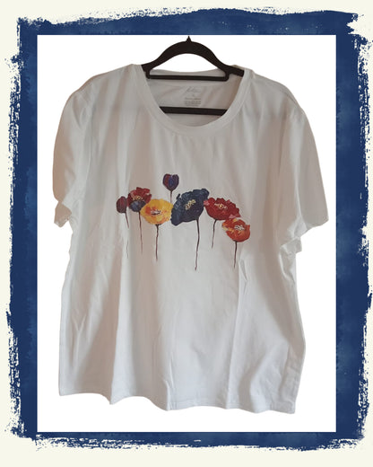 White T-Shirt with Colourful Poppy Design