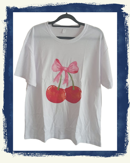 White Short Sleeve T Shirt with Cherry and Bow Print