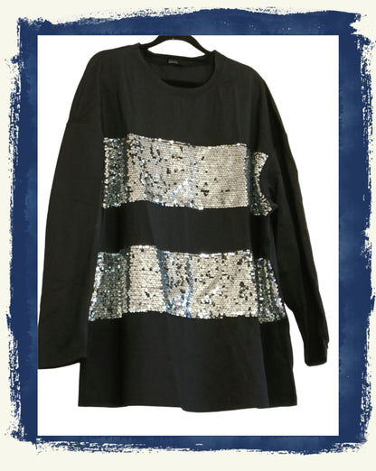 Black Long Sleeve Sequin Panel Top