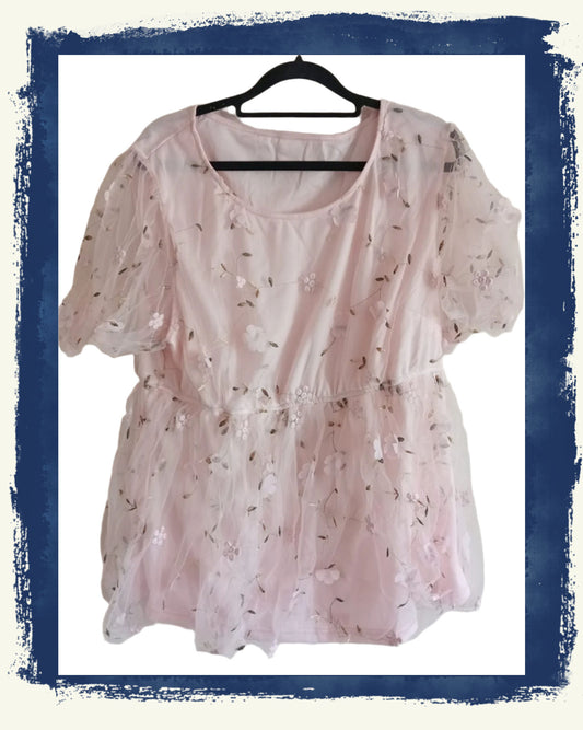 Pink Peplum Top with Floral Lace Overlay