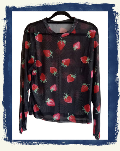 Semi Sheer Black Top with Strawberry Print