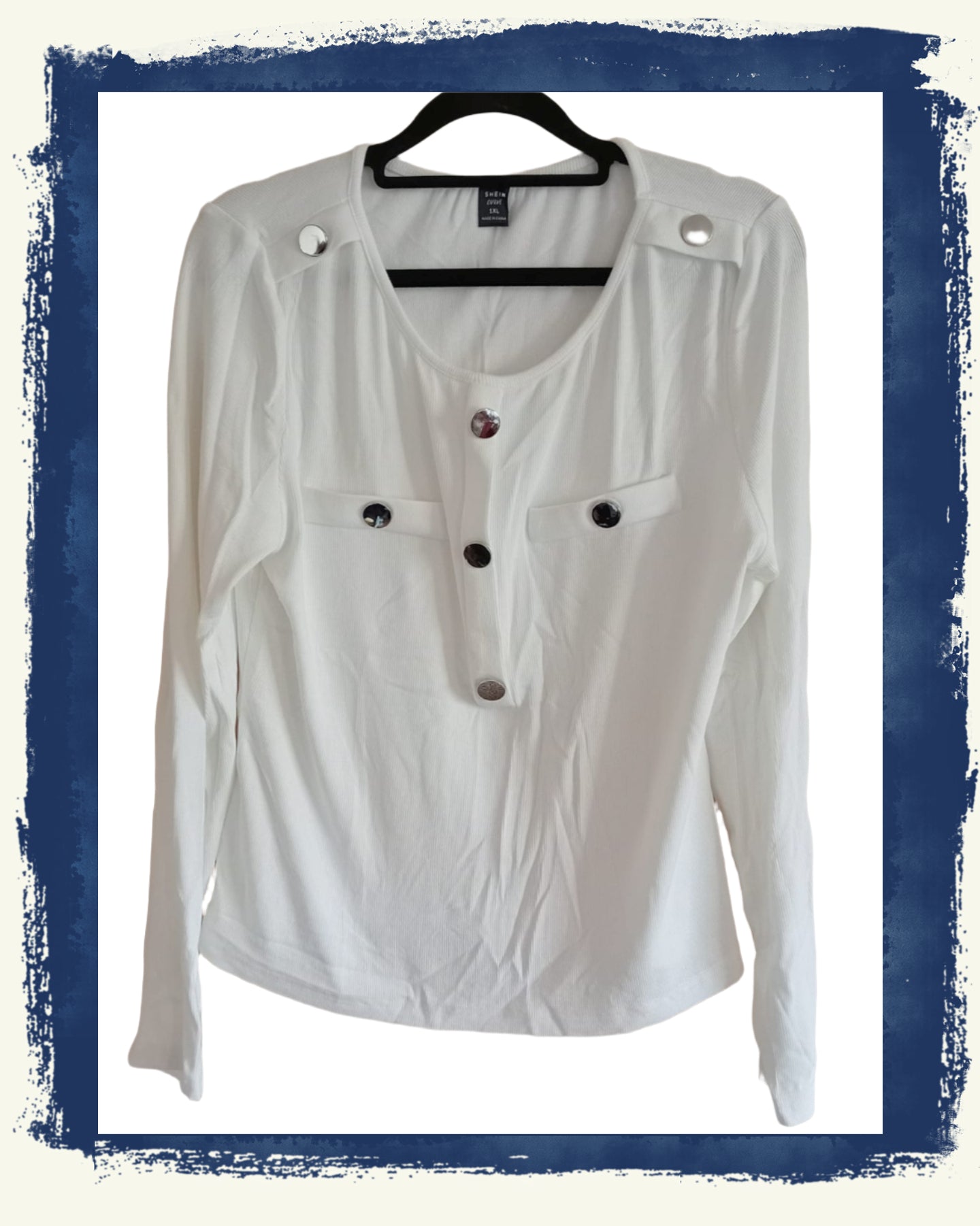 White Long Sleeve Top with Metal Button Detail