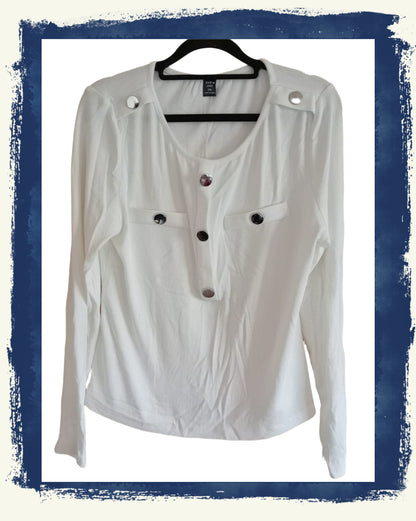 White Long Sleeve Top with Metal Button Detail