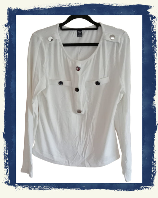White Long Sleeve Top with Metal Button Detail