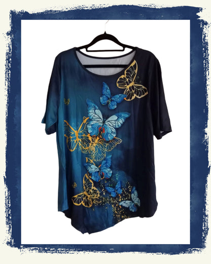 Blue Ombre Butterfly Top with Handkerchief Hem Top