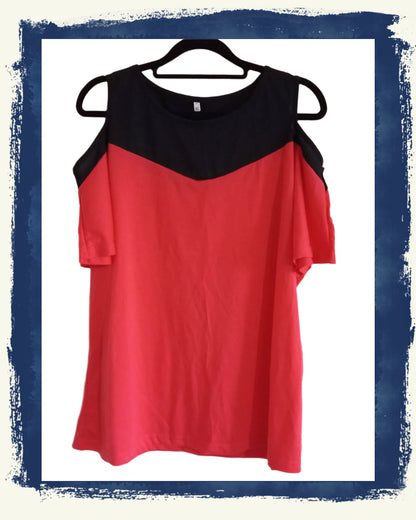 Red and Black Cold Shoulder Top