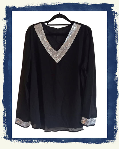 Black Long Sleeve Top with Sequin Neck and Cuff Detail