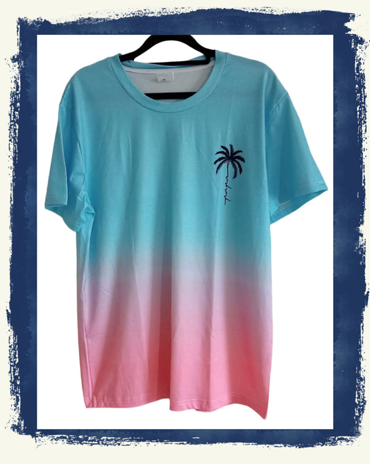 Blue/Pink Ombre T Shirt with Palm Tree Detail