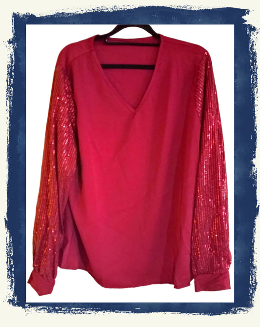 Red V Neck Top with Long Sequin Sleeves