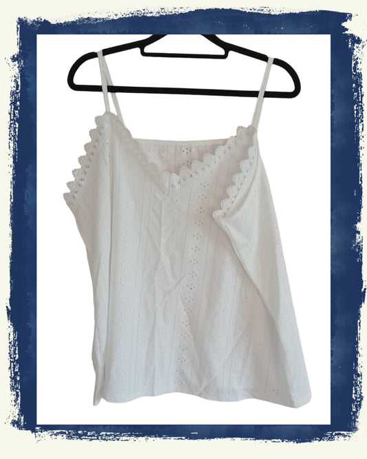 Off White Eyelet Embroidery Vest Top with Lace Trim