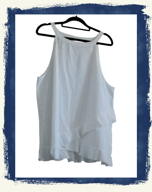 White Eyelet Embroidery Strappy Sleeveless Top with Layered Frill Hem