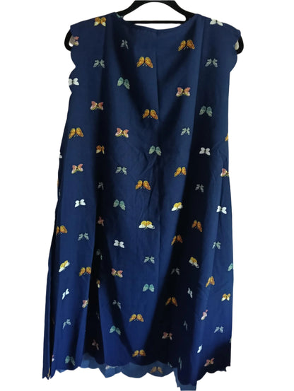 Navy Butterfly Print Dress with Scalloped Hem