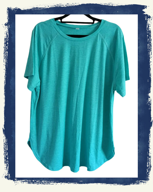 Turquoise/Green Short Sleeve T Shirt with Rounded Hem and Raglan Sleeves