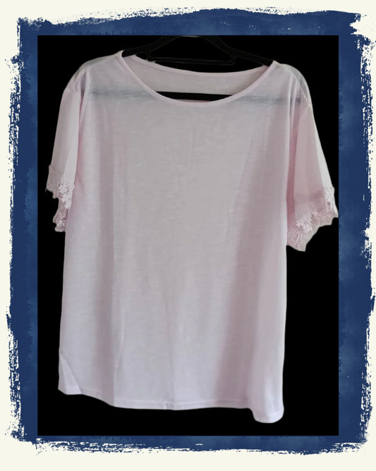 Light Pink T Shirt with Lace Detail on Short Sleeves