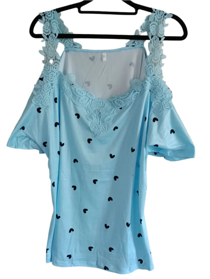 Blue Cold Shoulder Top with Heart Print and Lace Straps