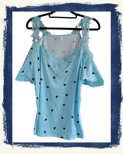 Blue Cold Shoulder Top with Heart Print and Lace Straps