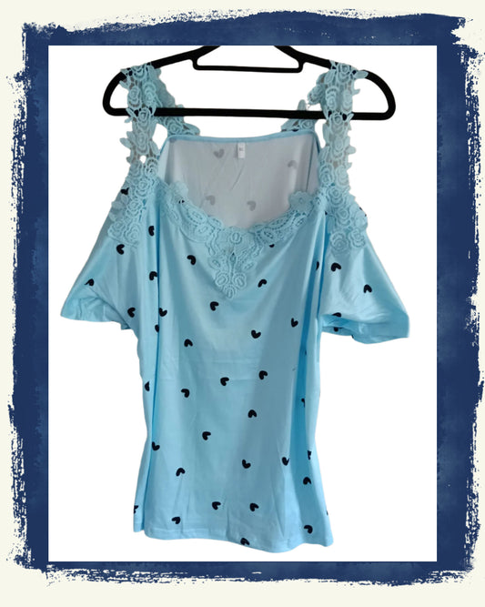 Blue Cold Shoulder Top with Heart Print and Lace Straps
