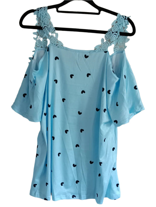 Blue Cold Shoulder Top with Heart Print and Lace Straps