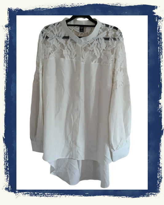Off White Collarless Shirt with Sheer Lace Panel